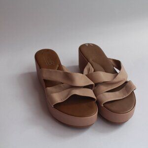 Women's Pre-loved Tan Strapped Leather Platform Wedges - Made In Italy - Size 7